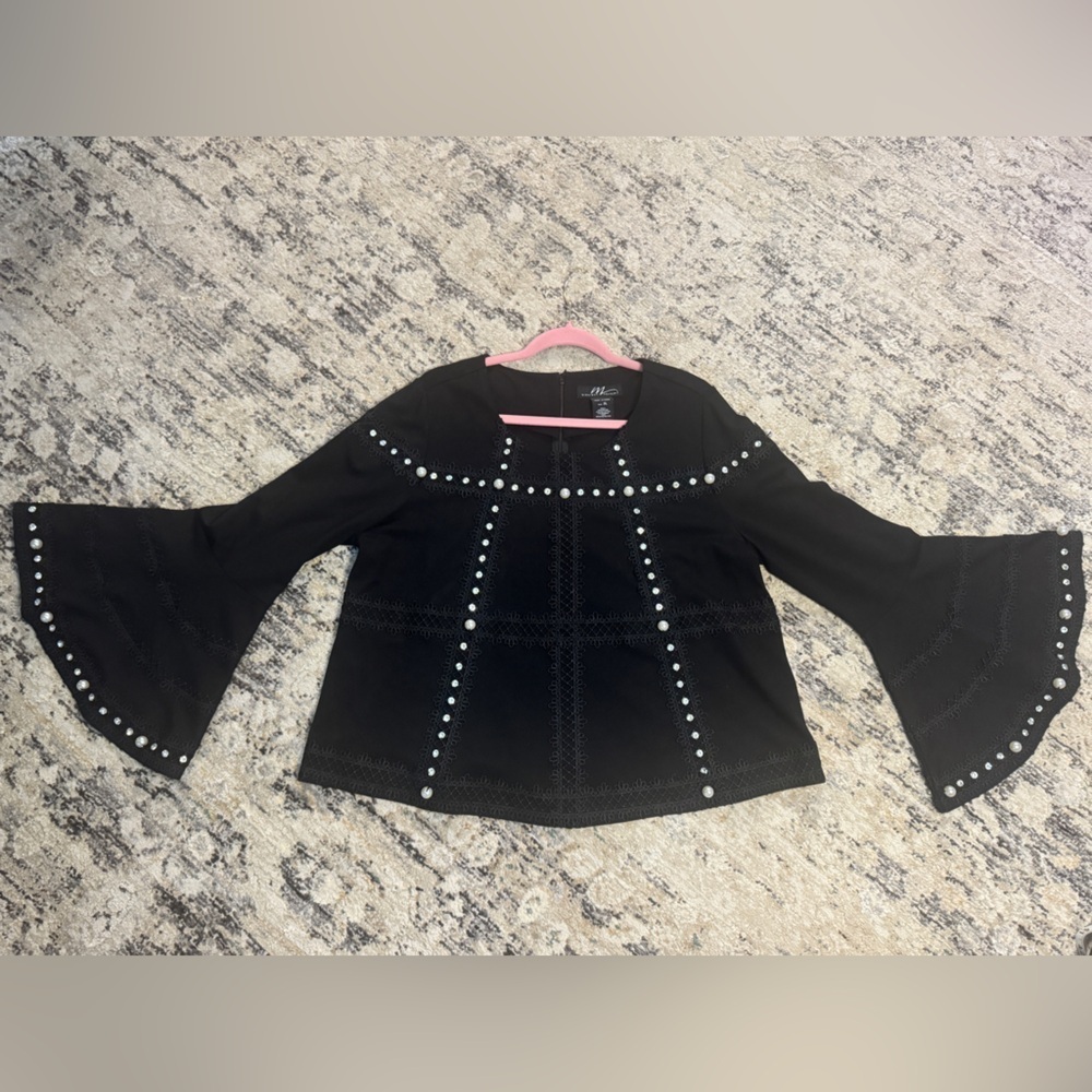 Chic black bell sleeve pearl and jewel embellished top size XL wedding party top